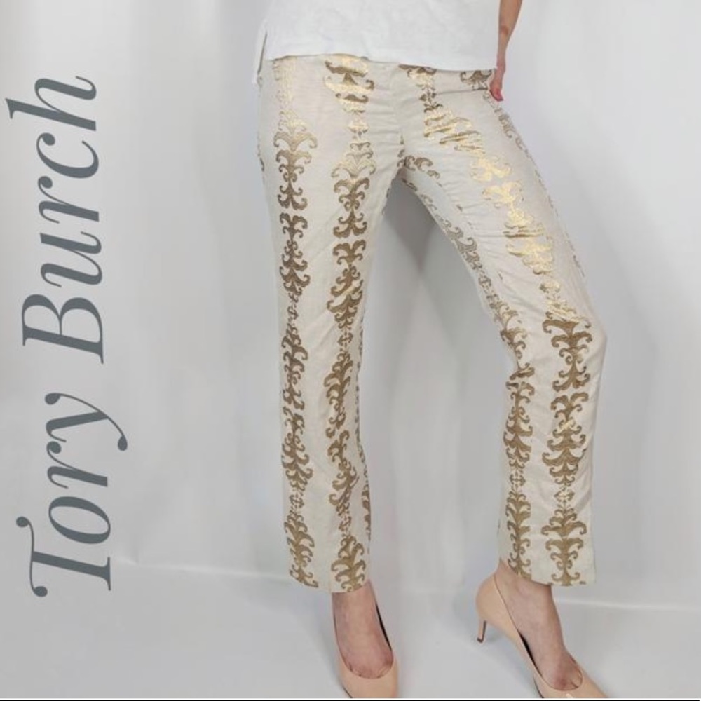 TORY BURCH Linen Pants with Gold Filigree Pattern